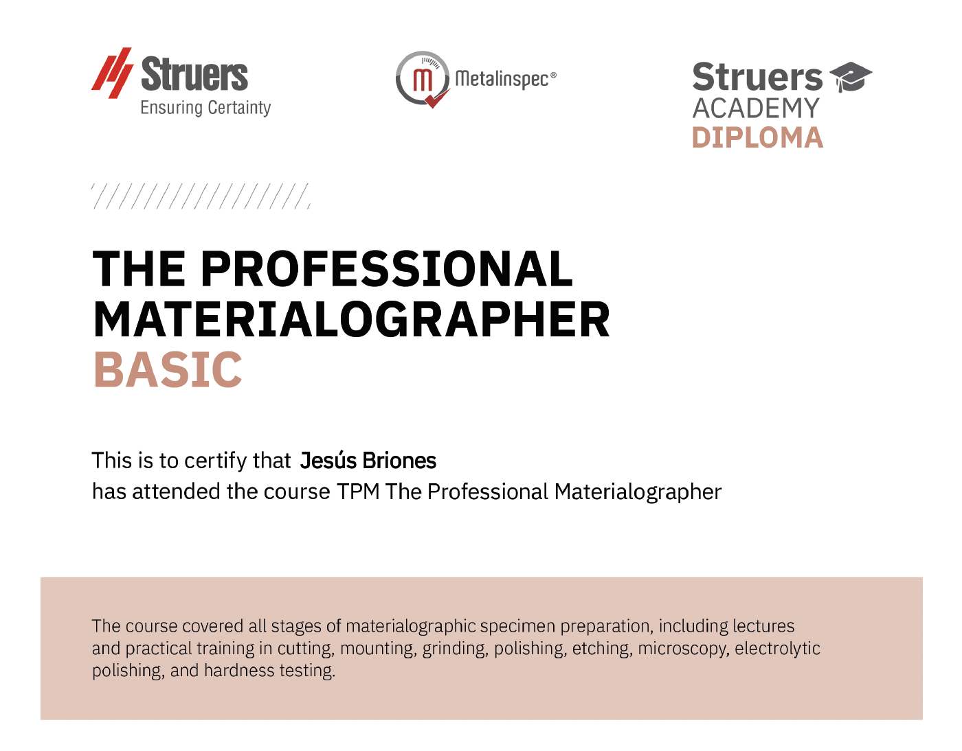 Certificado TPM Struers y Metalinspec